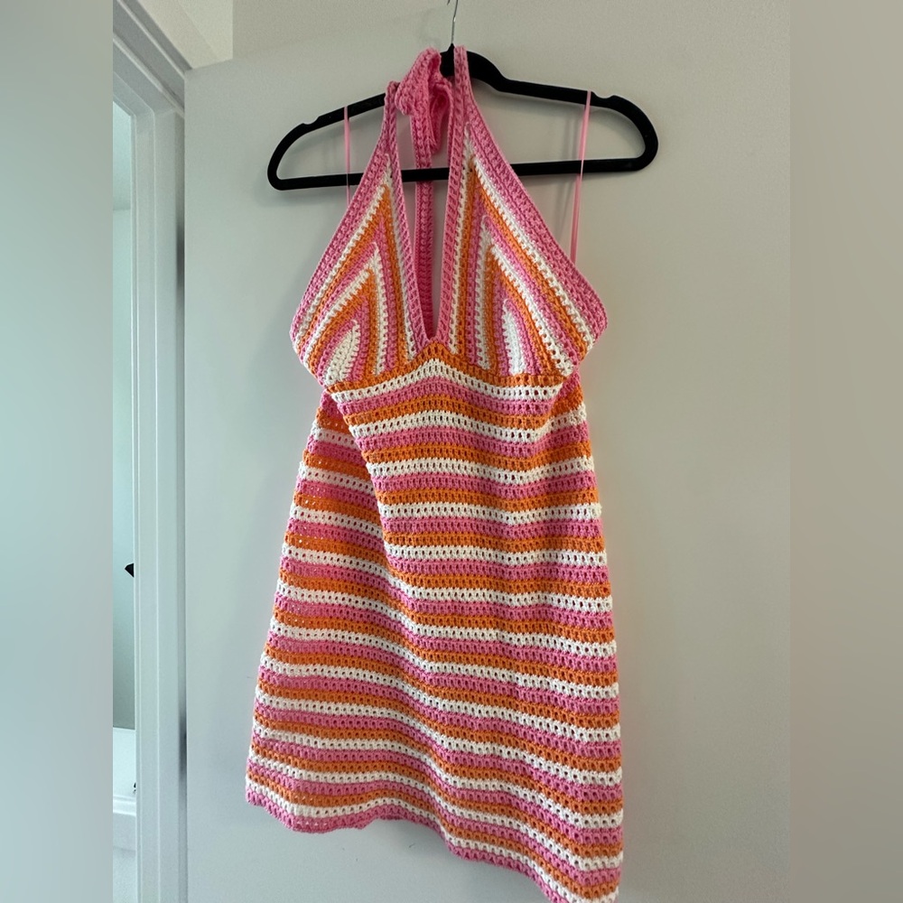 Pink and Orange Striped Crochet Swim Coverup